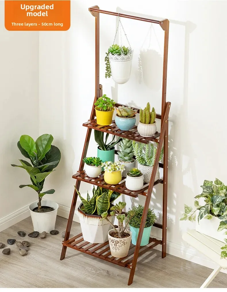 Foldable Wooden Hanging Planter, Thickened Balcony Plant Stand, Vertical Multi-Tier Shelf, Mobile Indoor Flower Pot Organizer