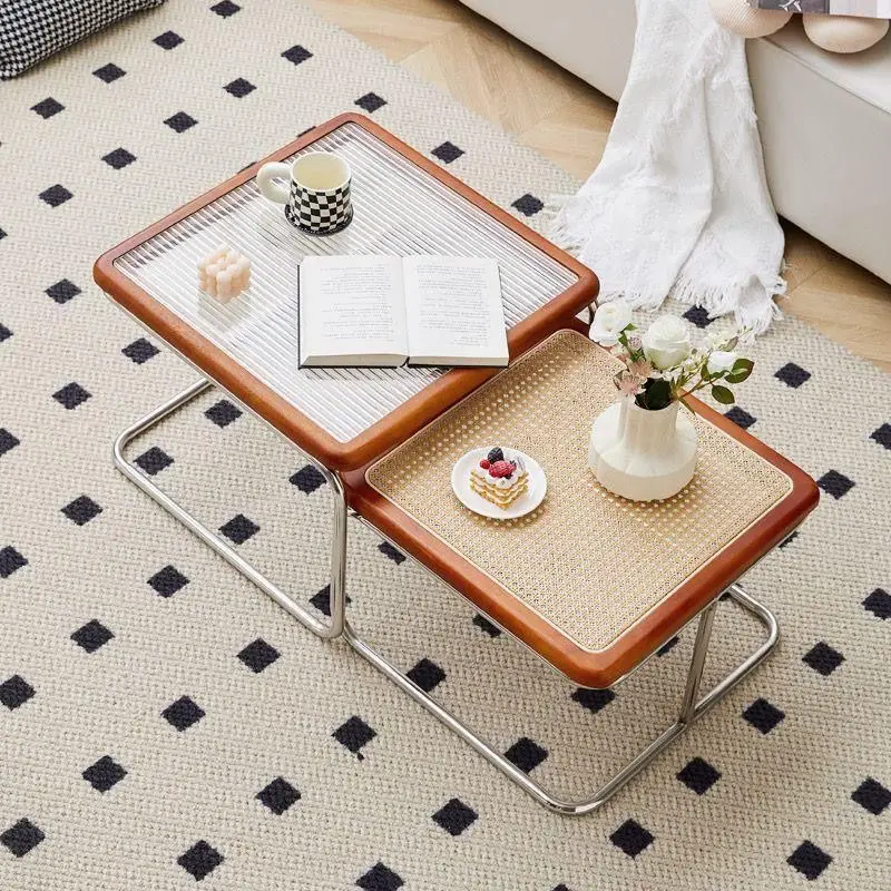 Elegant Vintage Rattan End Table Retro Medieval Style Sofa Side Table with Glass Top for Living Room Retro Medieval Style Rattan