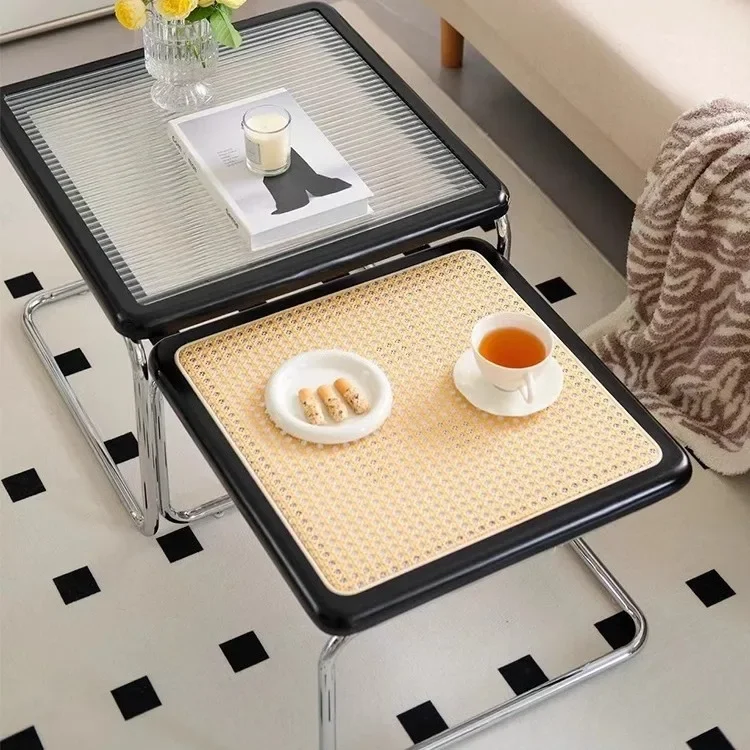 Elegant Vintage Rattan End Table Retro Medieval Style Sofa Side Table with Glass Top for Living Room Retro Medieval Style Rattan