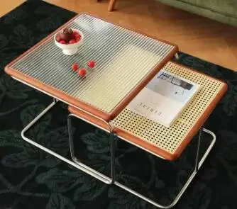 Elegant Vintage Rattan End Table Retro Medieval Style Sofa Side Table with Glass Top for Living Room Retro Medieval Style Rattan