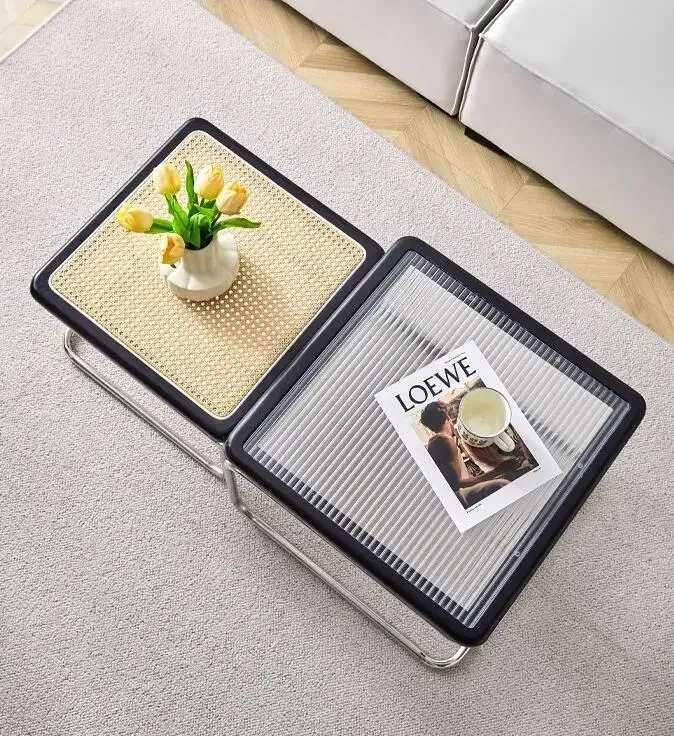 Elegant Vintage Rattan End Table Retro Medieval Style Sofa Side Table with Glass Top for Living Room Retro Medieval Style Rattan