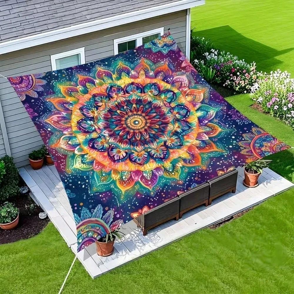 Rectangular Shape Sunshade Sail Bohemian Print Flower Print Patio Canopy Waterproof Fabric UV Block Shade Backyard Use