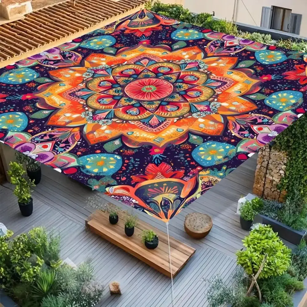 Rectangular Shape Sunshade Sail Bohemian Print Flower Print Patio Canopy Waterproof Fabric UV Block Shade Backyard Use