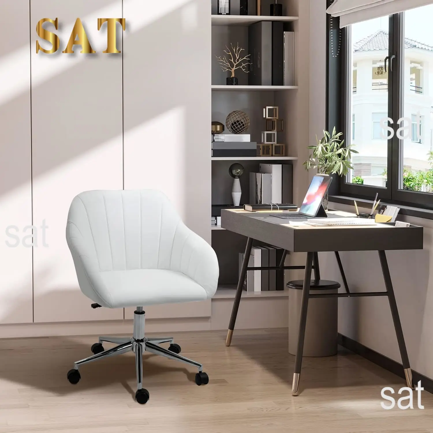 i*-Mid Back Home Office Chair Computer Desk Chair With PU Leather, Adjustable Height, Swivel Wheels For Study, Bedroom, White