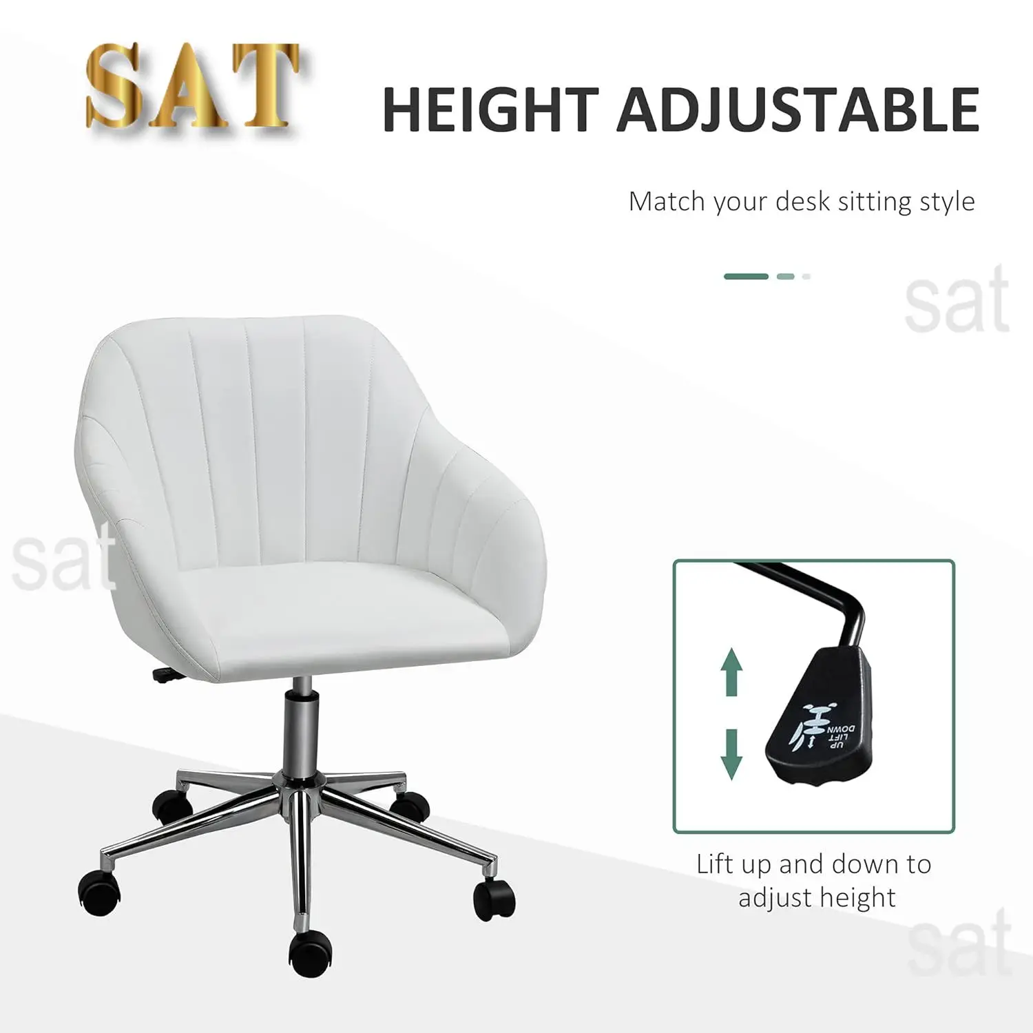 i*-Mid Back Home Office Chair Computer Desk Chair With PU Leather, Adjustable Height, Swivel Wheels For Study, Bedroom, White