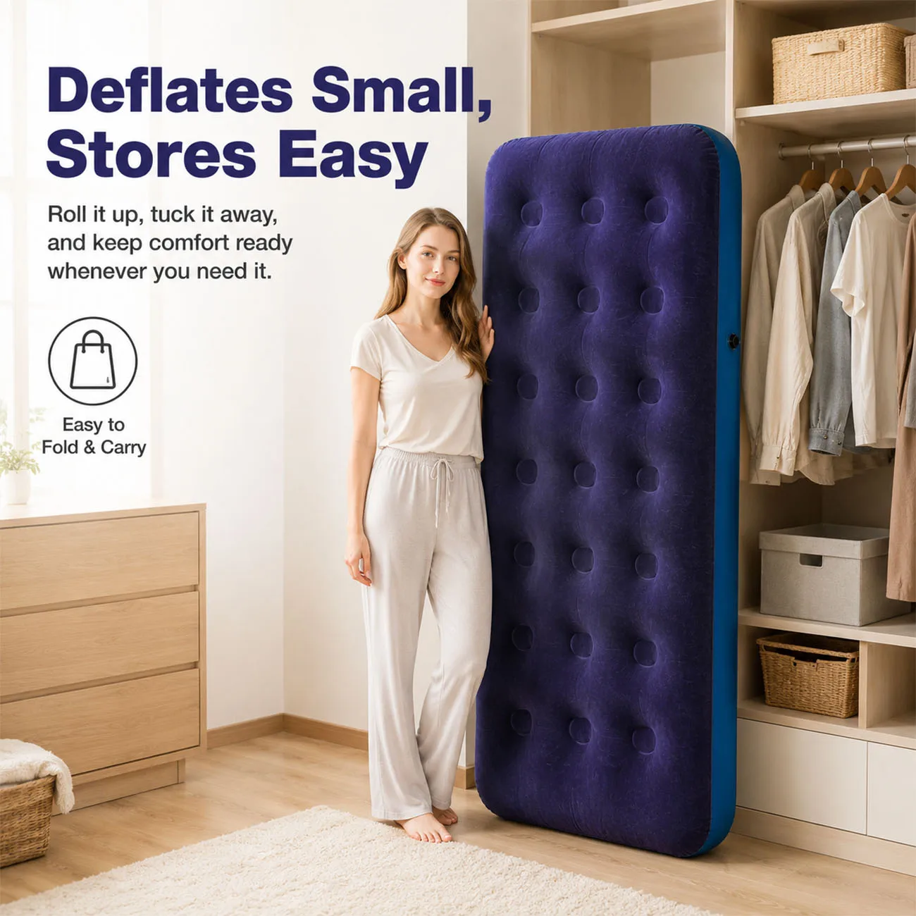1PC Inflatable Air Mattress Flocked Top Air Bed Portable Camping & Home Guest Sleeping Pad Quick Inflate Durable Leakproof
