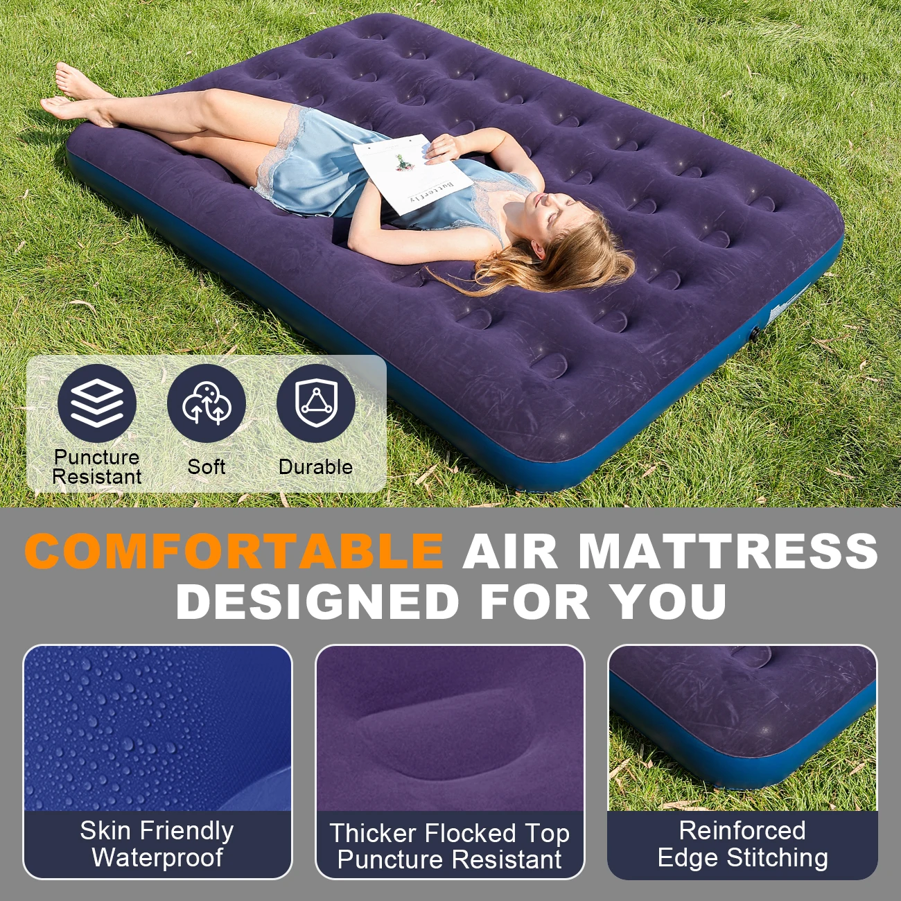 1PC Inflatable Air Mattress Flocked Top Air Bed Portable Camping & Home Guest Sleeping Pad Quick Inflate Durable Leakproof