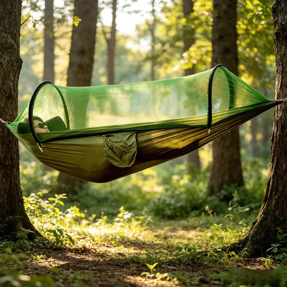 Outdoor Camping Double Hammock Automatic Quick Open Mosquito Net Anti Bug Anti Rollover With Pole And Sun Shade Cloth Kit