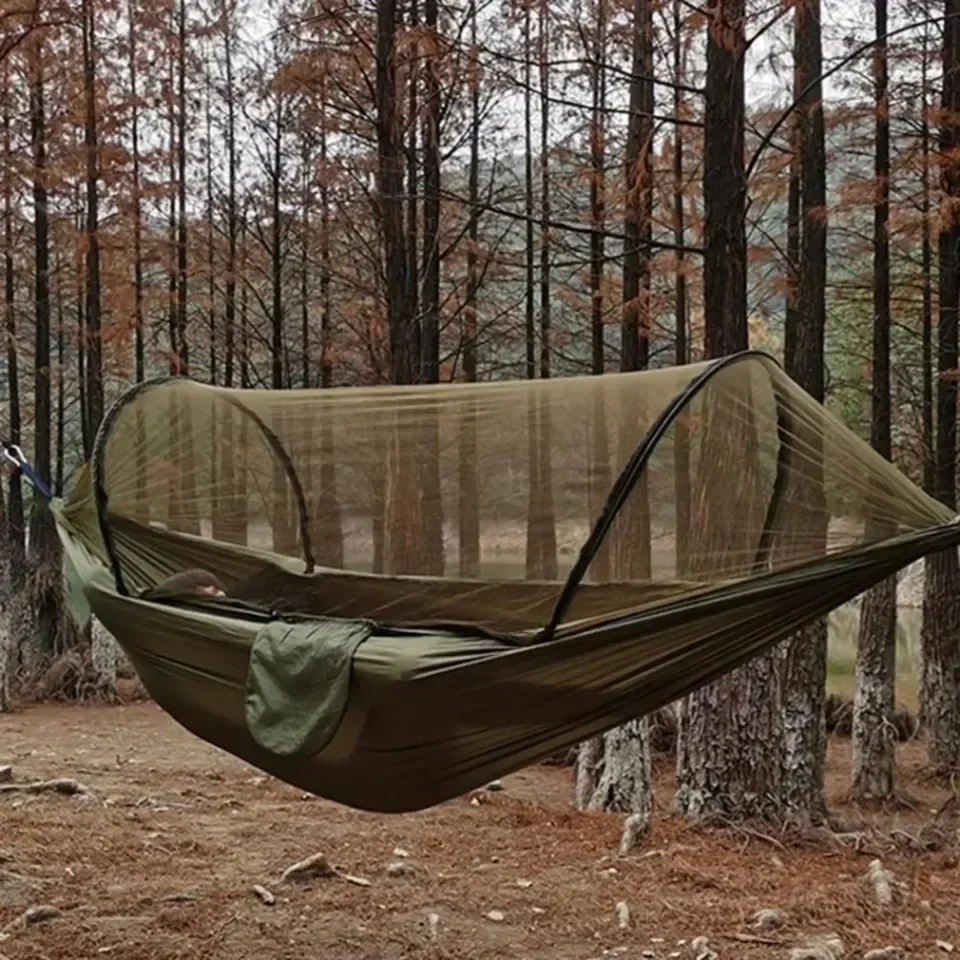 Outdoor Camping Double Hammock Automatic Quick Open Mosquito Net Anti Bug Anti Rollover With Pole And Sun Shade Cloth Kit