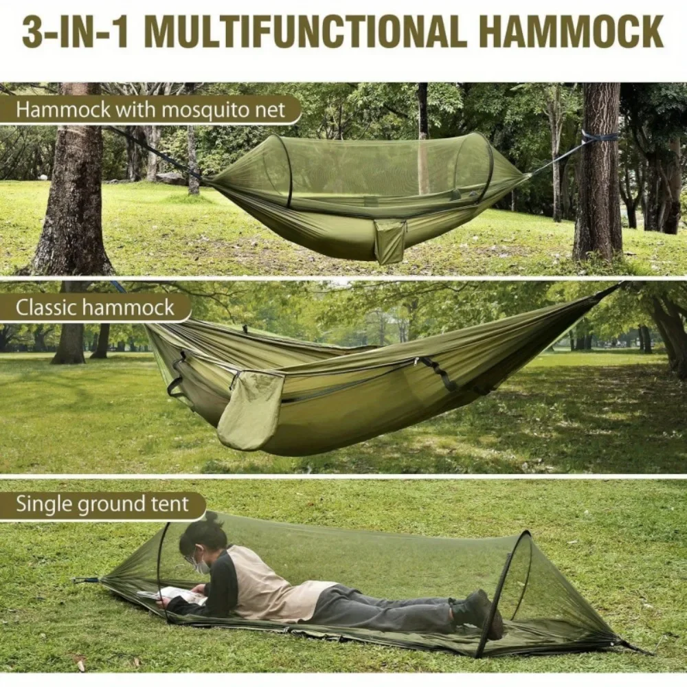 Outdoor Camping Double Hammock Automatic Quick Open Mosquito Net Anti Bug Anti Rollover With Pole And Sun Shade Cloth Kit