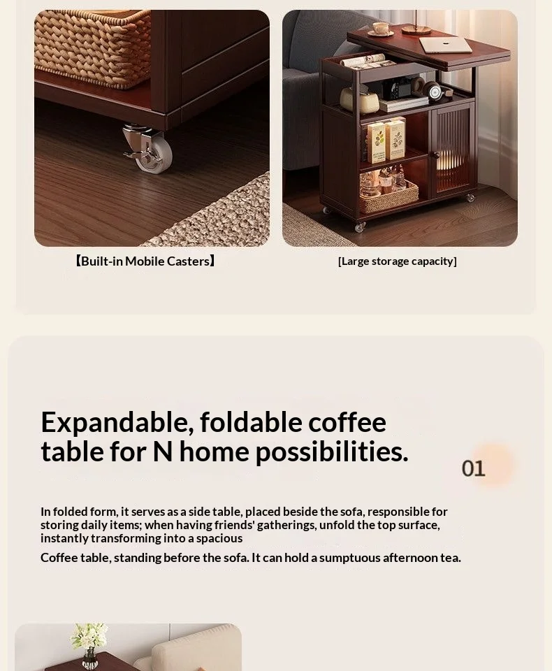Sofa Side Folding Coffee Table Rolling Casters Adjustable Height Lift Top Multifunctional Bedside Dining Small Apartment