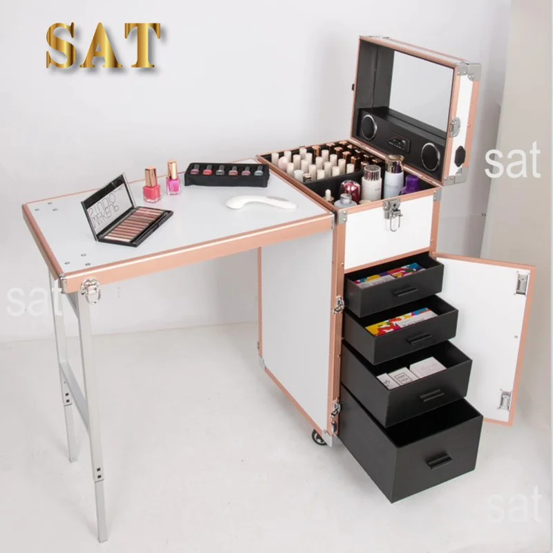 wr! Black Cosmetic Workstation Folding Rolling Portable Case Nail Tech Tables Manicure &