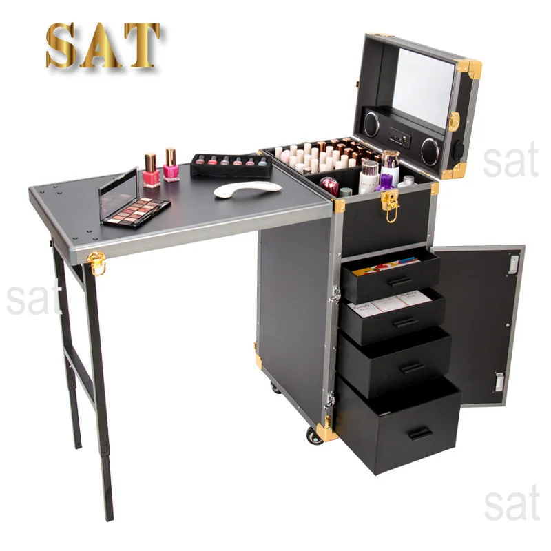wr! Black Cosmetic Workstation Folding Rolling Portable Case Nail Tech Tables Manicure &