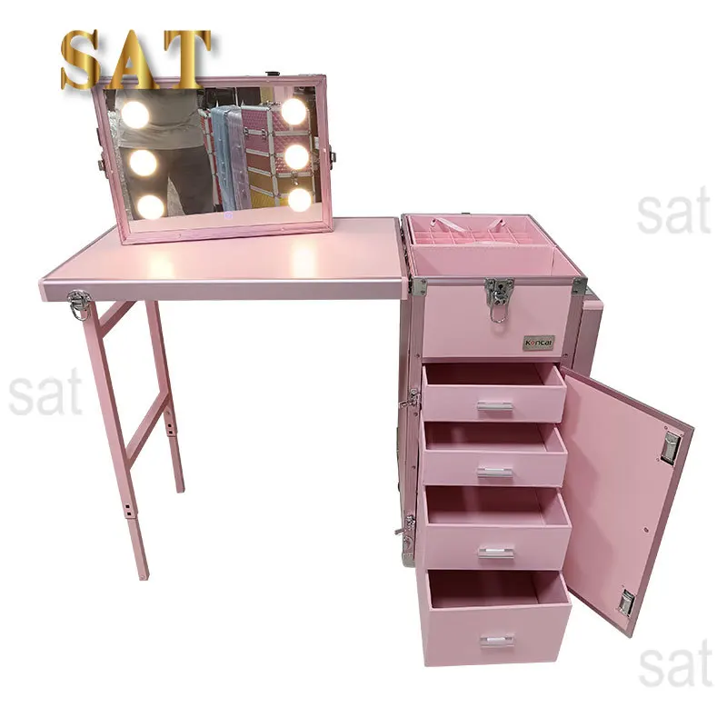 wr! Black Cosmetic Workstation Folding Rolling Portable Case Nail Tech Tables Manicure &