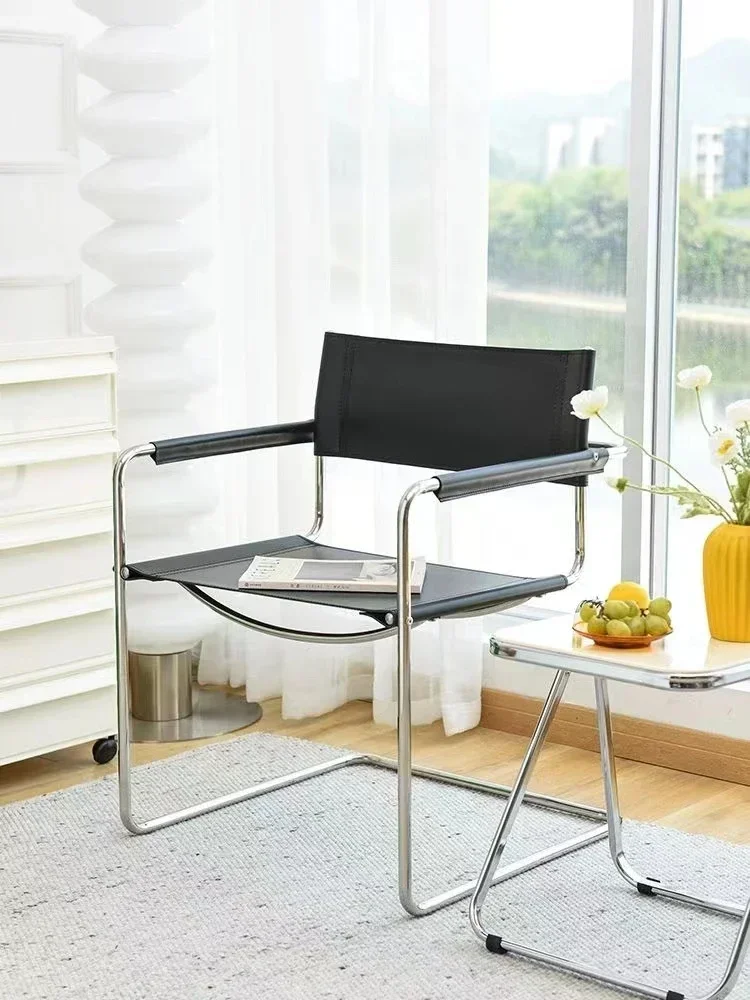Bauhaus Office Armrest Back Chair Stainless Steel Saddle Leather Dining Chair Comfortable Leisure Chairs Photo Props Furniture