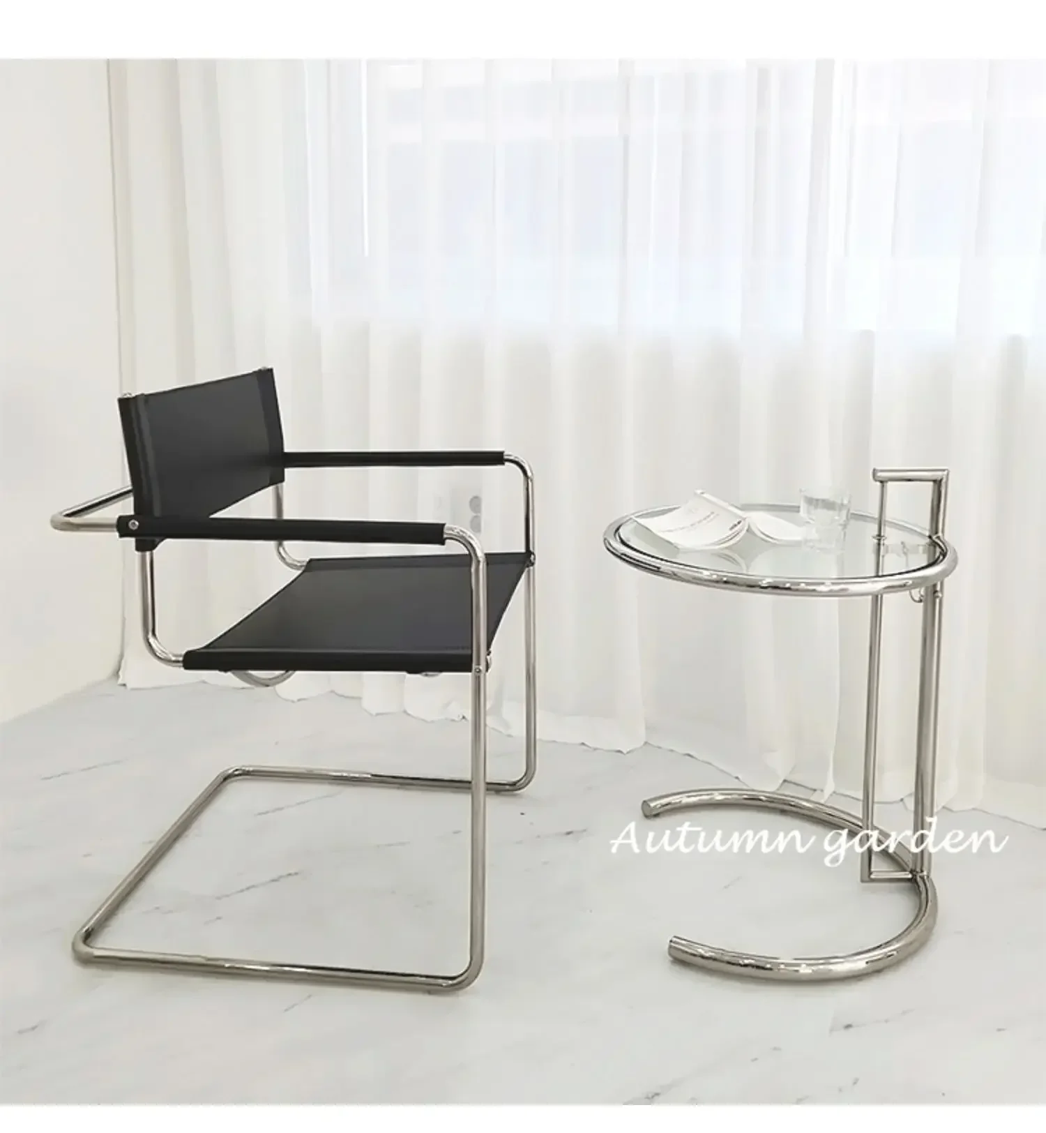 Bauhaus Office Armrest Back Chair Stainless Steel Saddle Leather Dining Chair Comfortable Leisure Chairs Photo Props Furniture