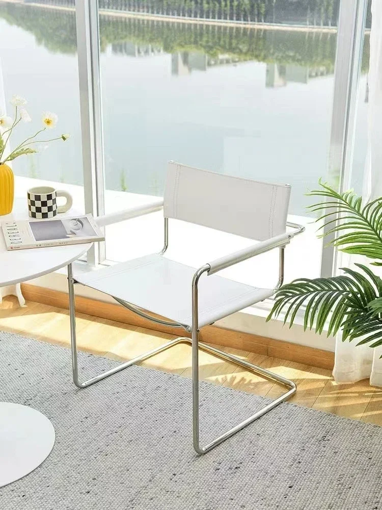 Bauhaus Office Armrest Back Chair Stainless Steel Saddle Leather Dining Chair Comfortable Leisure Chairs Photo Props Furniture