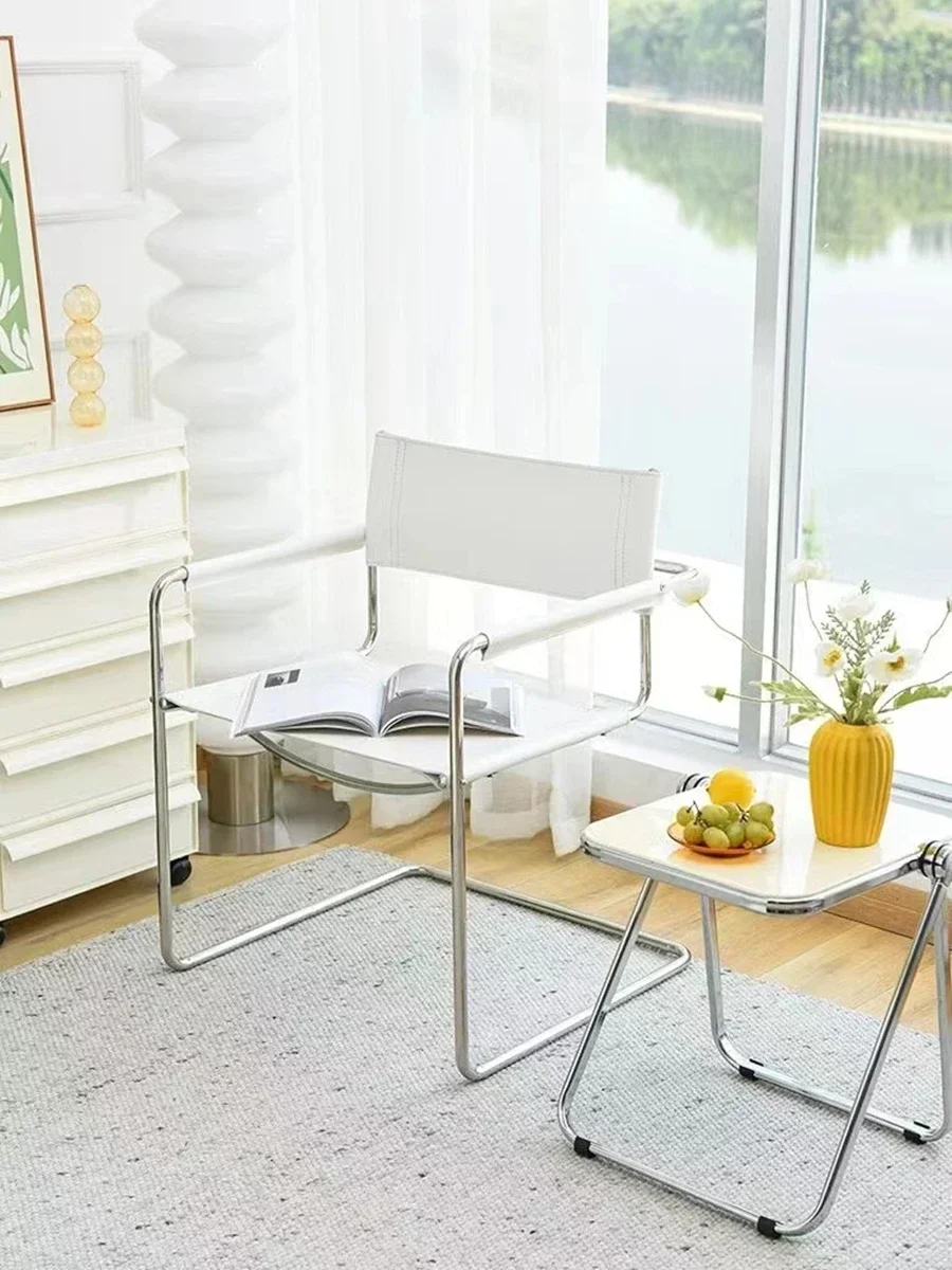 Bauhaus Office Armrest Back Chair Stainless Steel Saddle Leather Dining Chair Comfortable Leisure Chairs Photo Props Furniture
