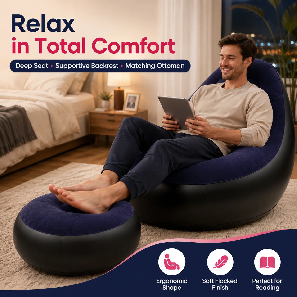 1PC nflatable Air Sofa Chair with Footrest, Portable Lounge Chair Set Soft Flocked Surface for Bedroom Dorm Living Room