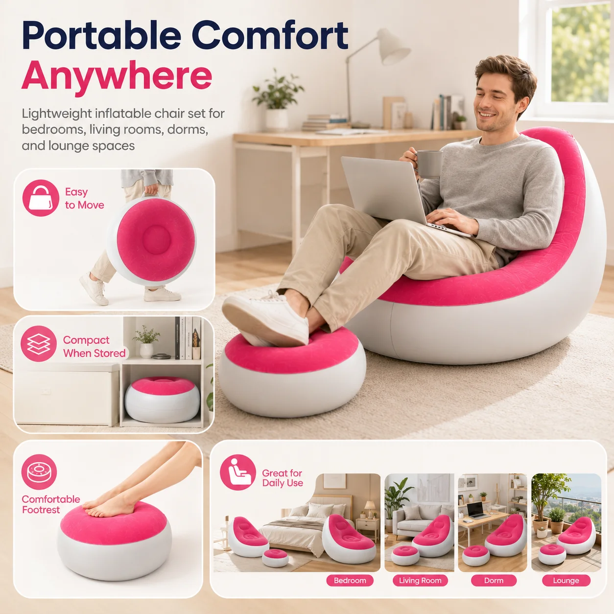 1PC nflatable Air Sofa Chair with Footrest, Portable Lounge Chair Set Soft Flocked Surface for Bedroom Dorm Living Room