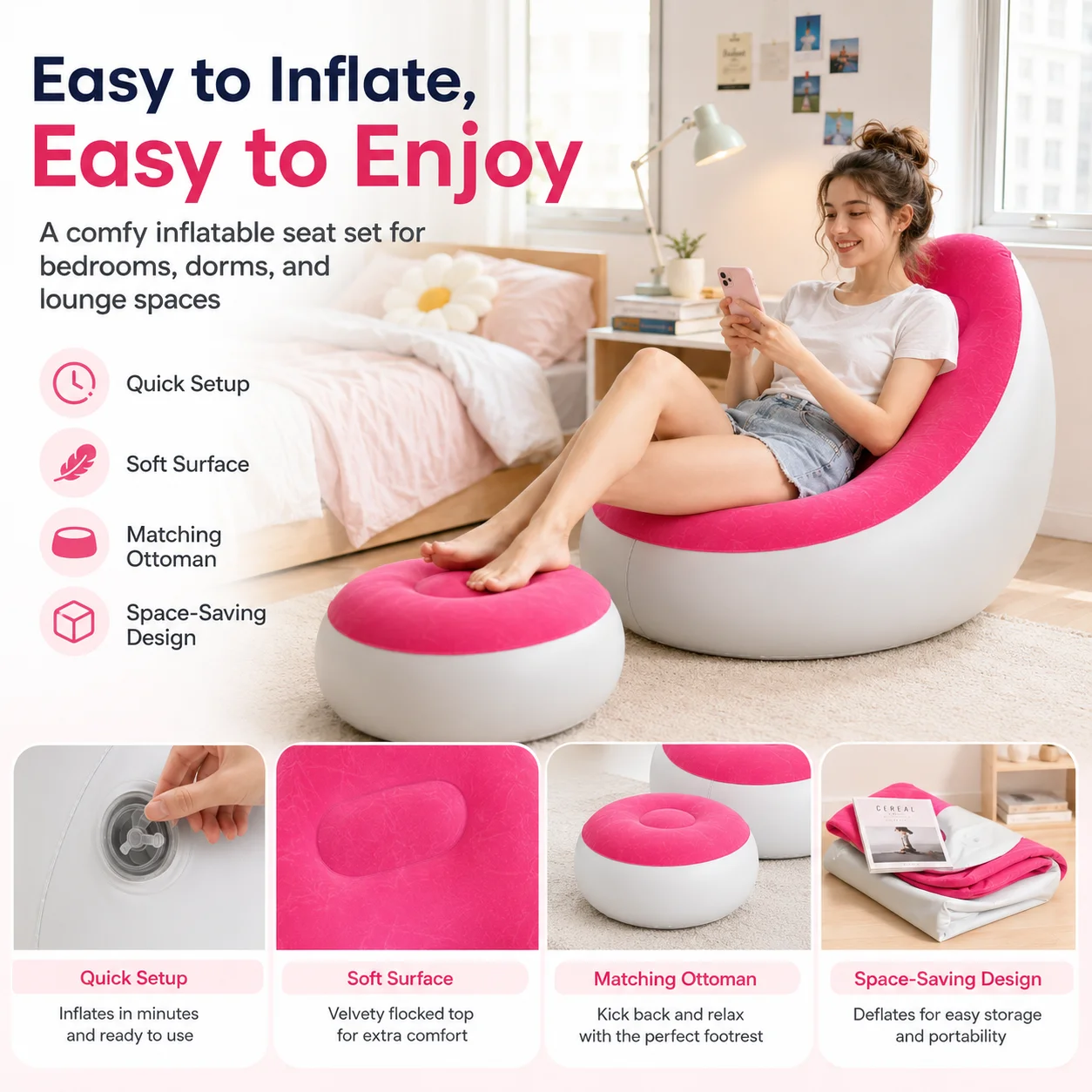 1PC nflatable Air Sofa Chair with Footrest, Portable Lounge Chair Set Soft Flocked Surface for Bedroom Dorm Living Room