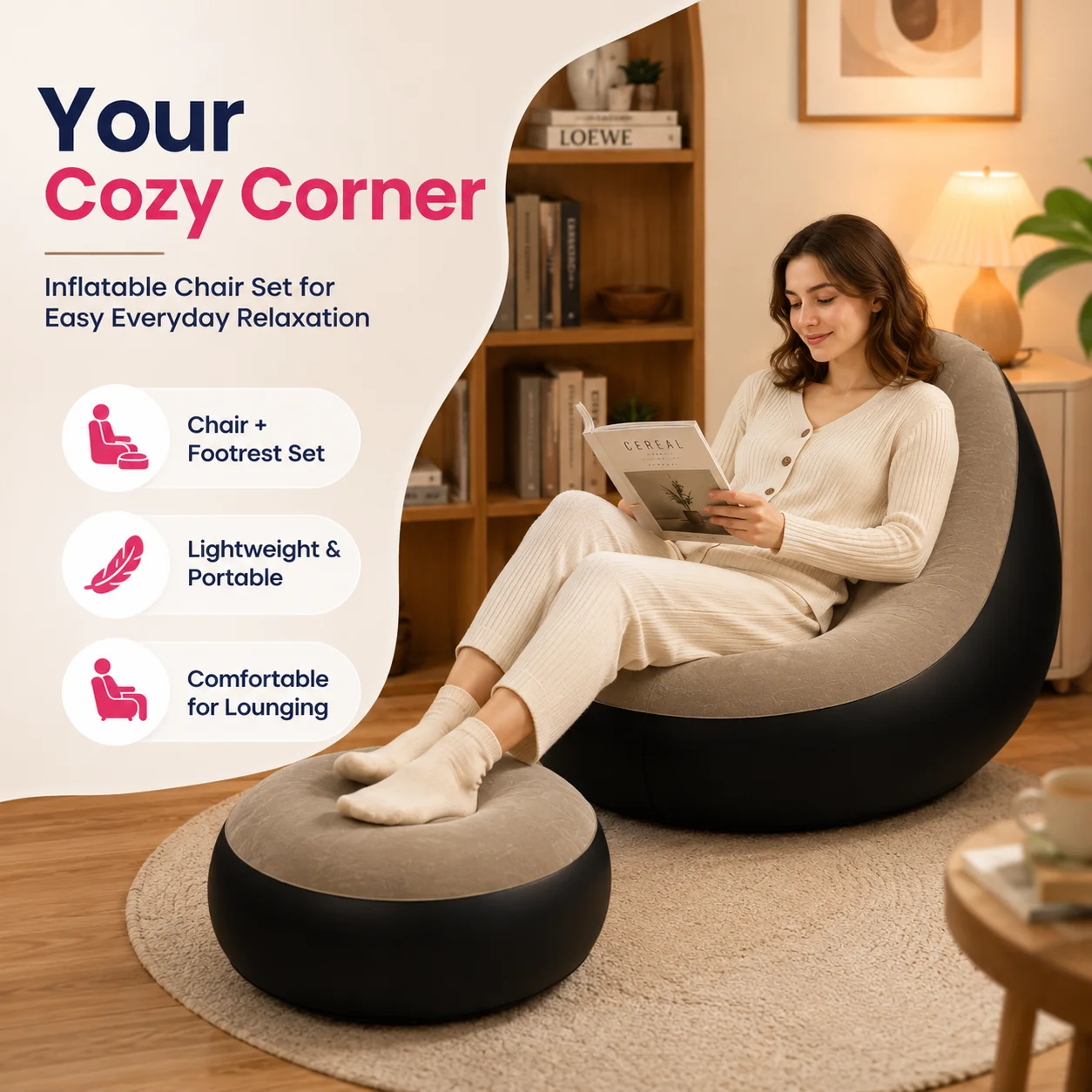 1PC nflatable Air Sofa Chair with Footrest, Portable Lounge Chair Set Soft Flocked Surface for Bedroom Dorm Living Room
