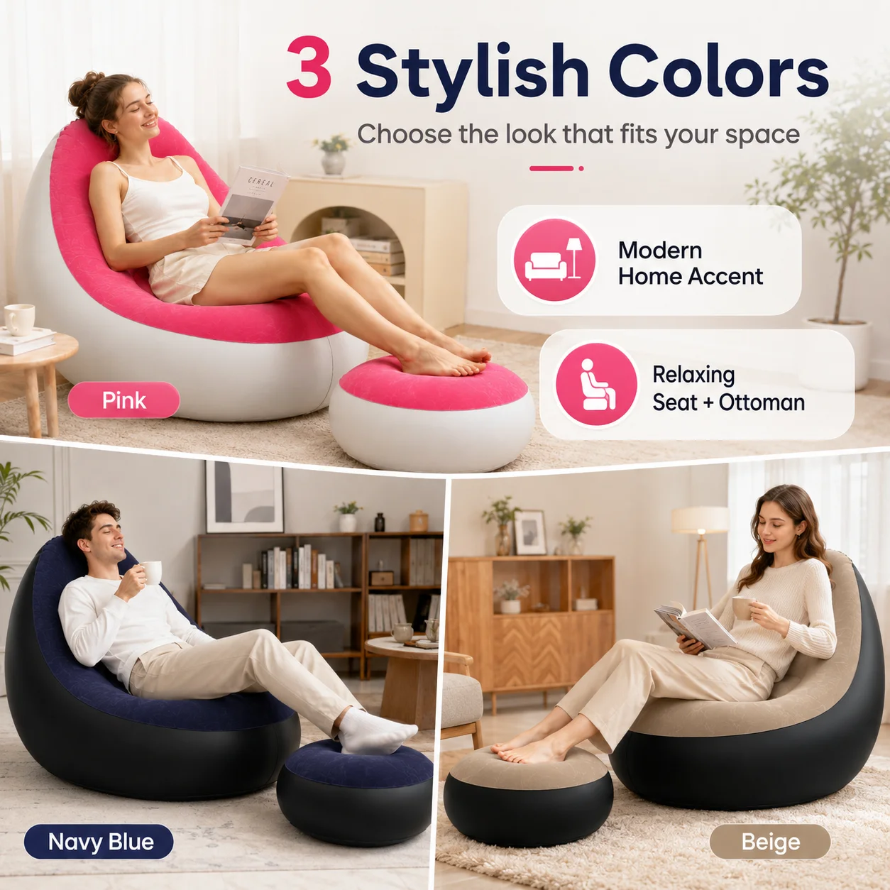 1PC nflatable Air Sofa Chair with Footrest, Portable Lounge Chair Set Soft Flocked Surface for Bedroom Dorm Living Room