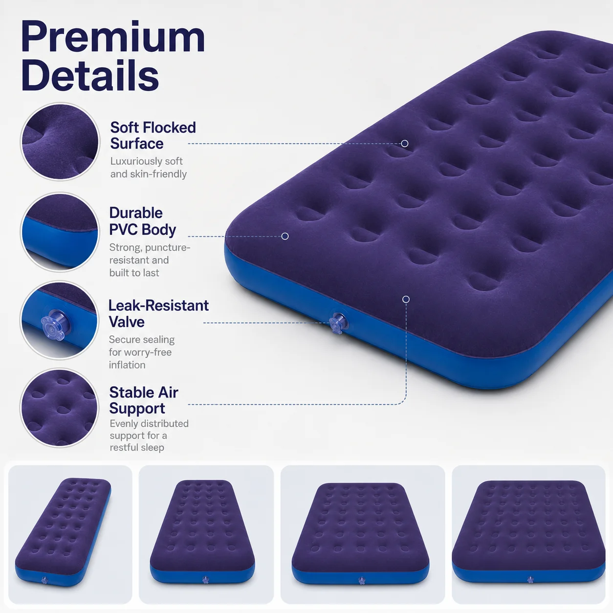 1PC Inflatable Air Mattress Air Bed, Quick Inflation Valve, Flocked Surface Thick Durable Portable Travel Camping Guest Bed