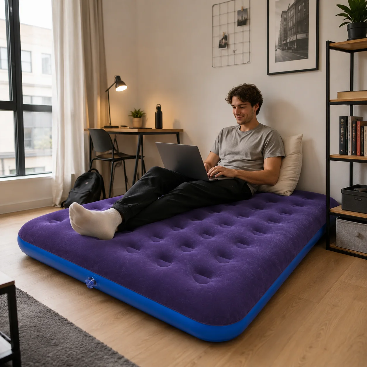 1PC Inflatable Air Mattress Air Bed, Quick Inflation Valve, Flocked Surface Thick Durable Portable Travel Camping Guest Bed