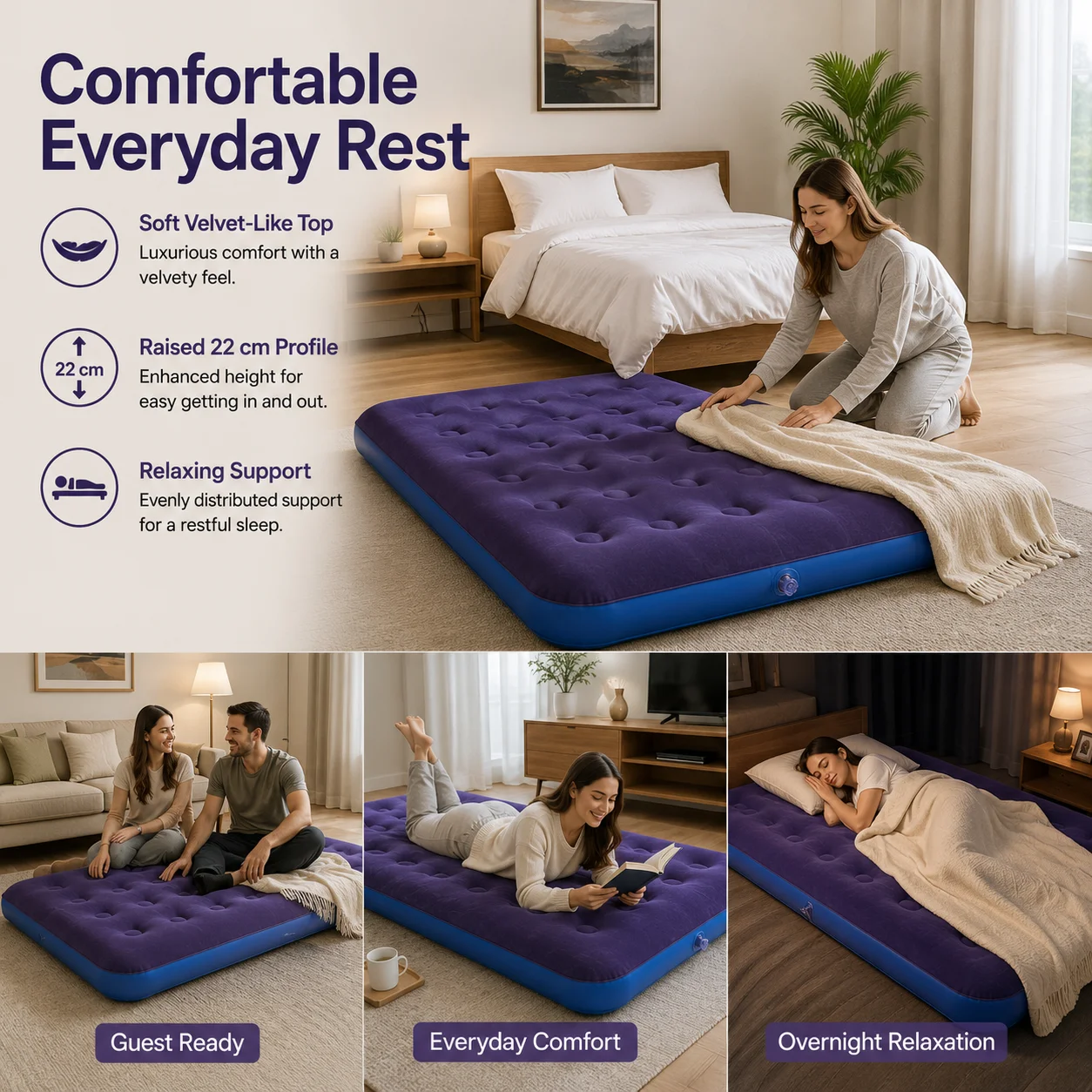1PC Inflatable Air Mattress Air Bed, Quick Inflation Valve, Flocked Surface Thick Durable Portable Travel Camping Guest Bed