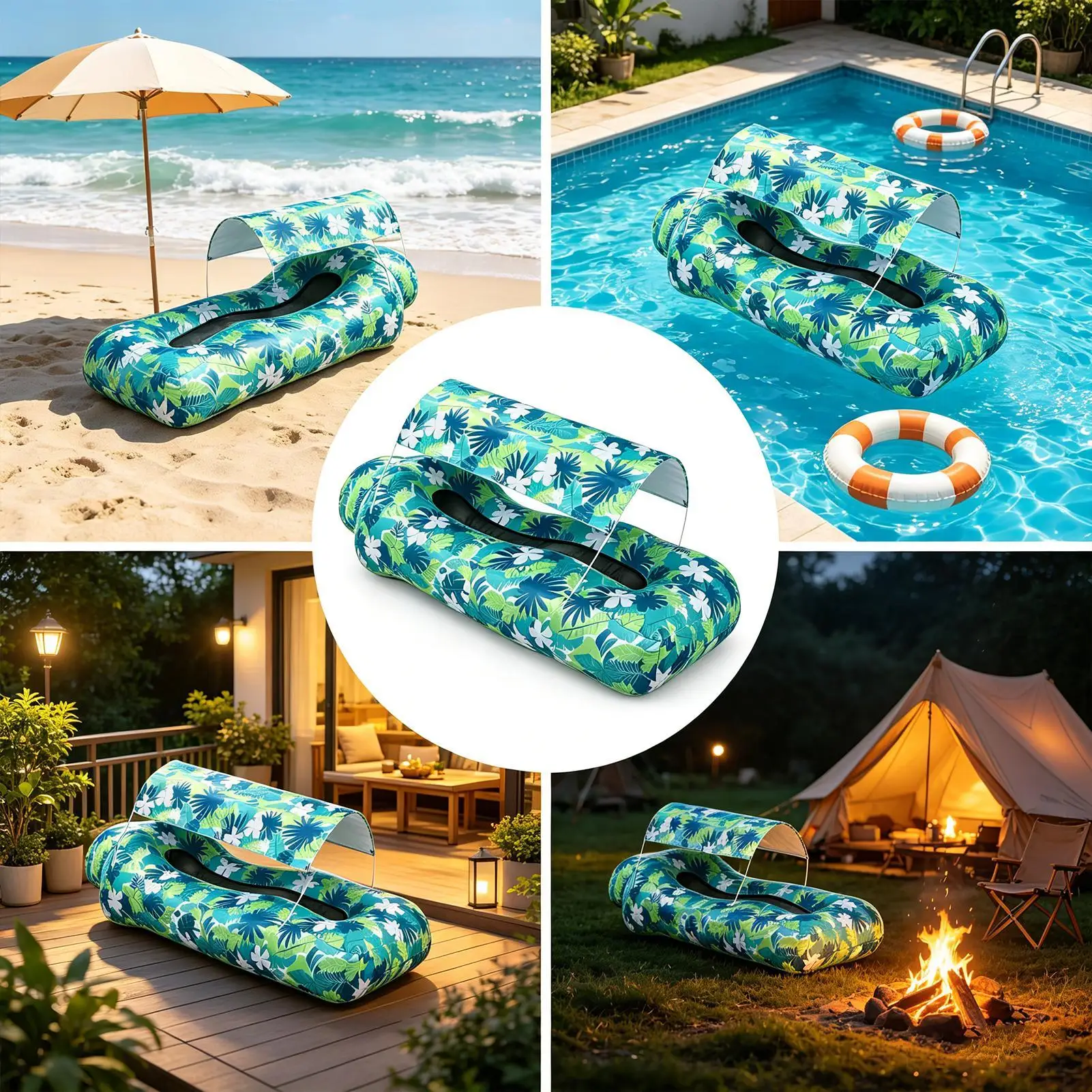 Inflatable Beach Lounger Camping Air Sofa With Sun Shade No-Pump Blow Up Couch For Outdoor Camping Hiking Picnic Vacation