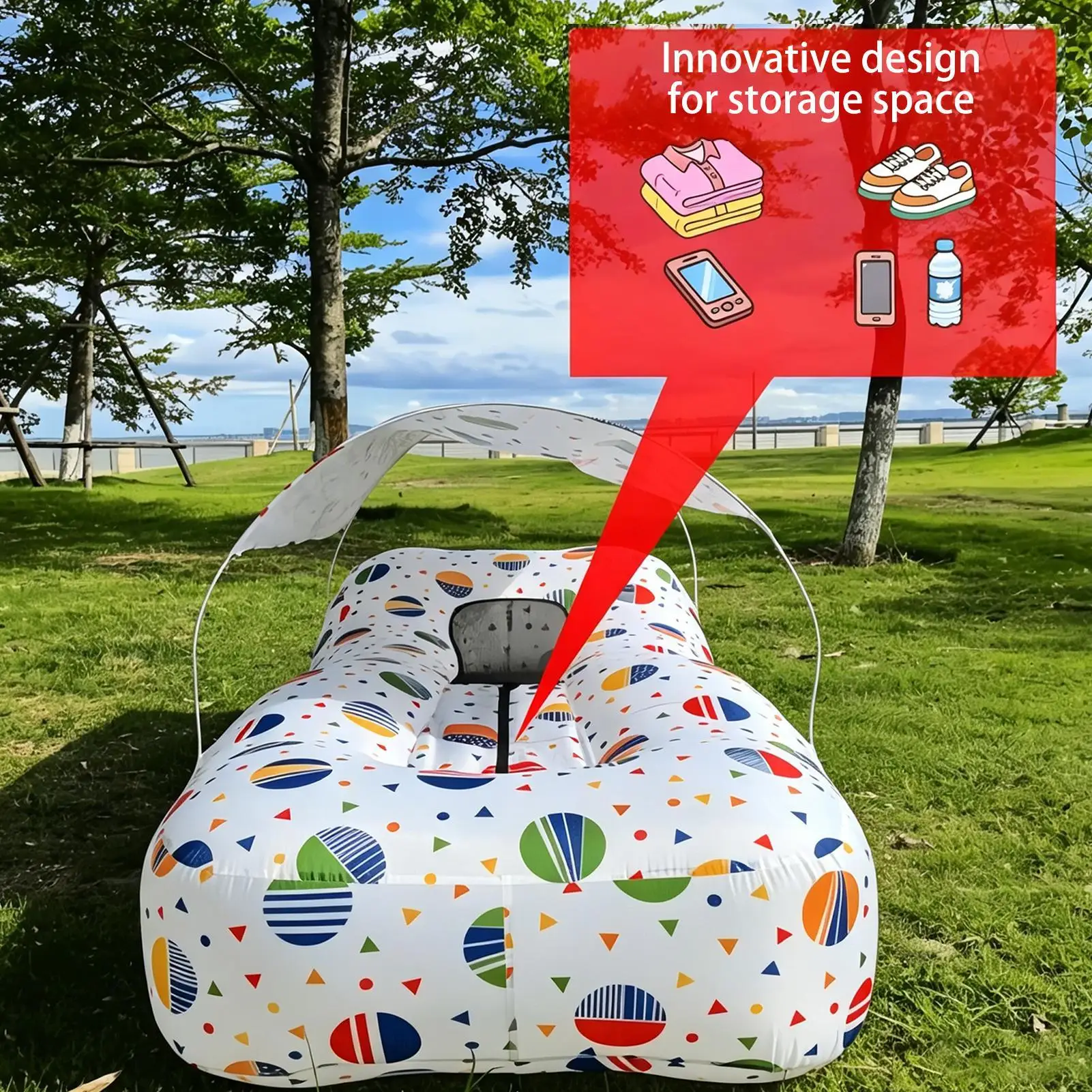 Inflatable Beach Lounger Camping Air Sofa With Sun Shade No-Pump Blow Up Couch For Outdoor Camping Hiking Picnic Vacation