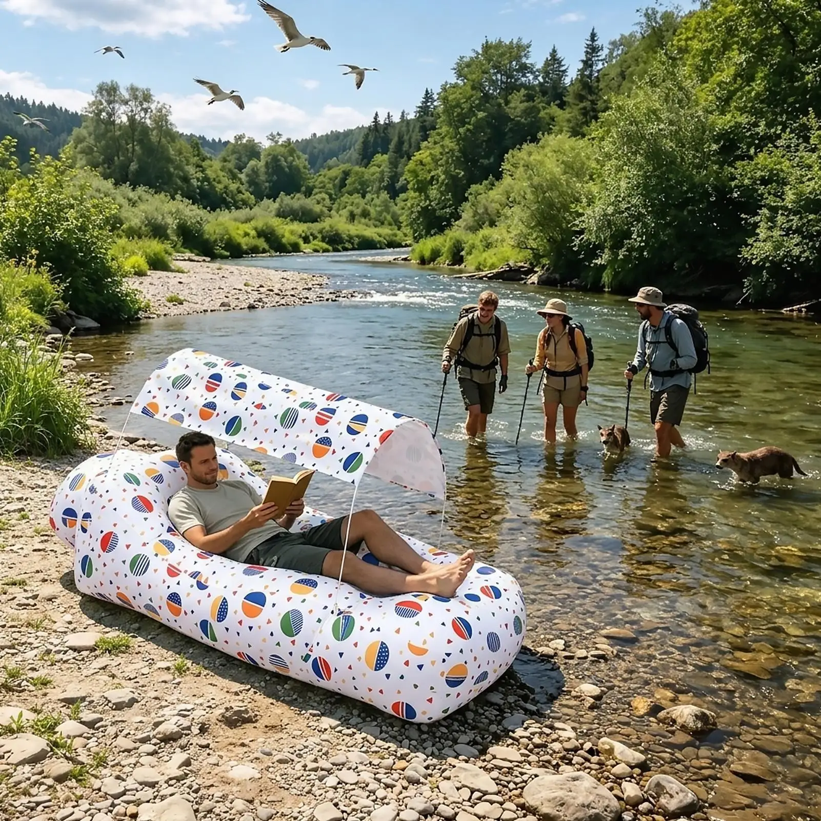 Inflatable Beach Lounger Camping Air Sofa With Sun Shade No-Pump Blow Up Couch For Outdoor Camping Hiking Picnic Vacation