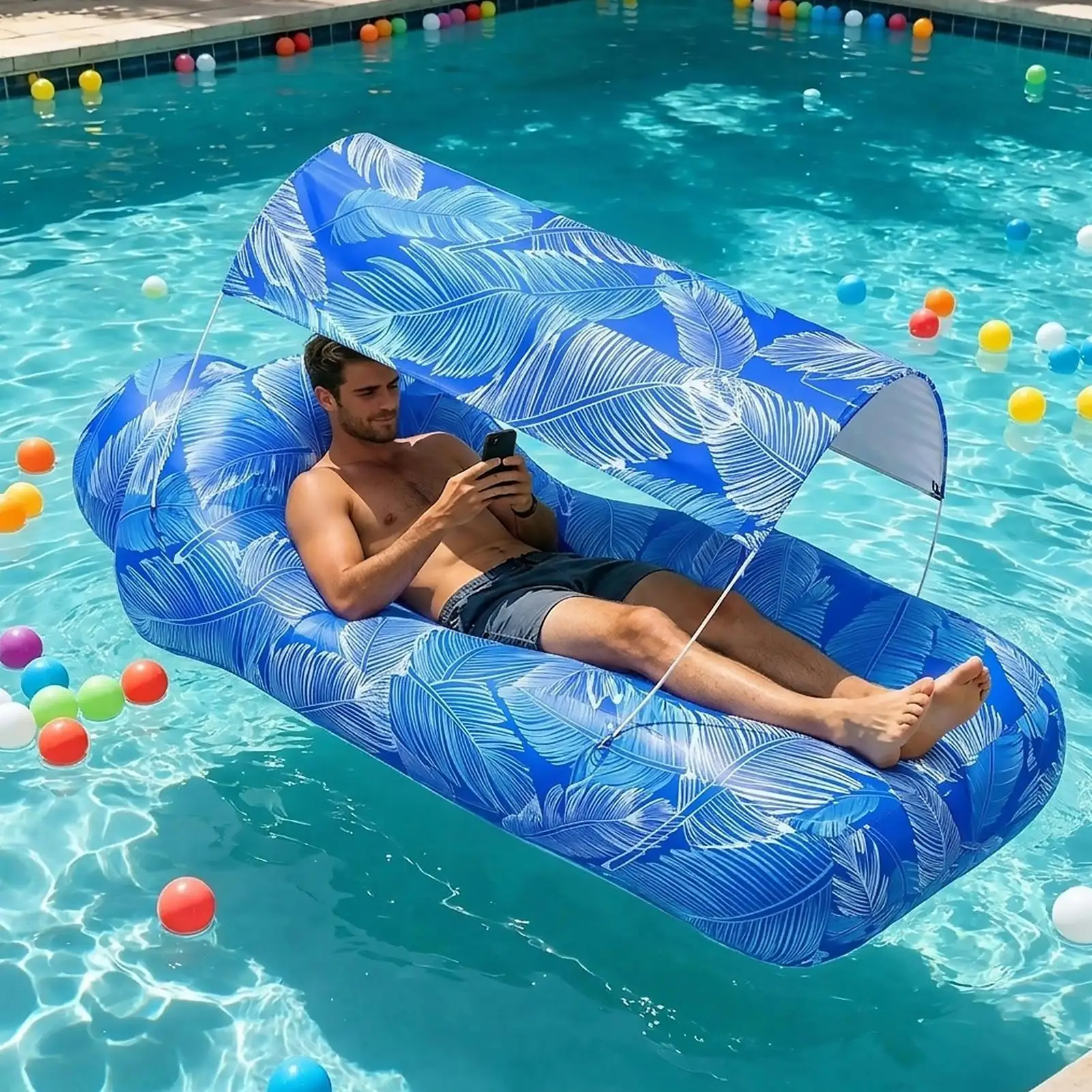 Inflatable Beach Lounger Camping Air Sofa With Sun Shade No-Pump Blow Up Couch For Outdoor Camping Hiking Picnic Vacation
