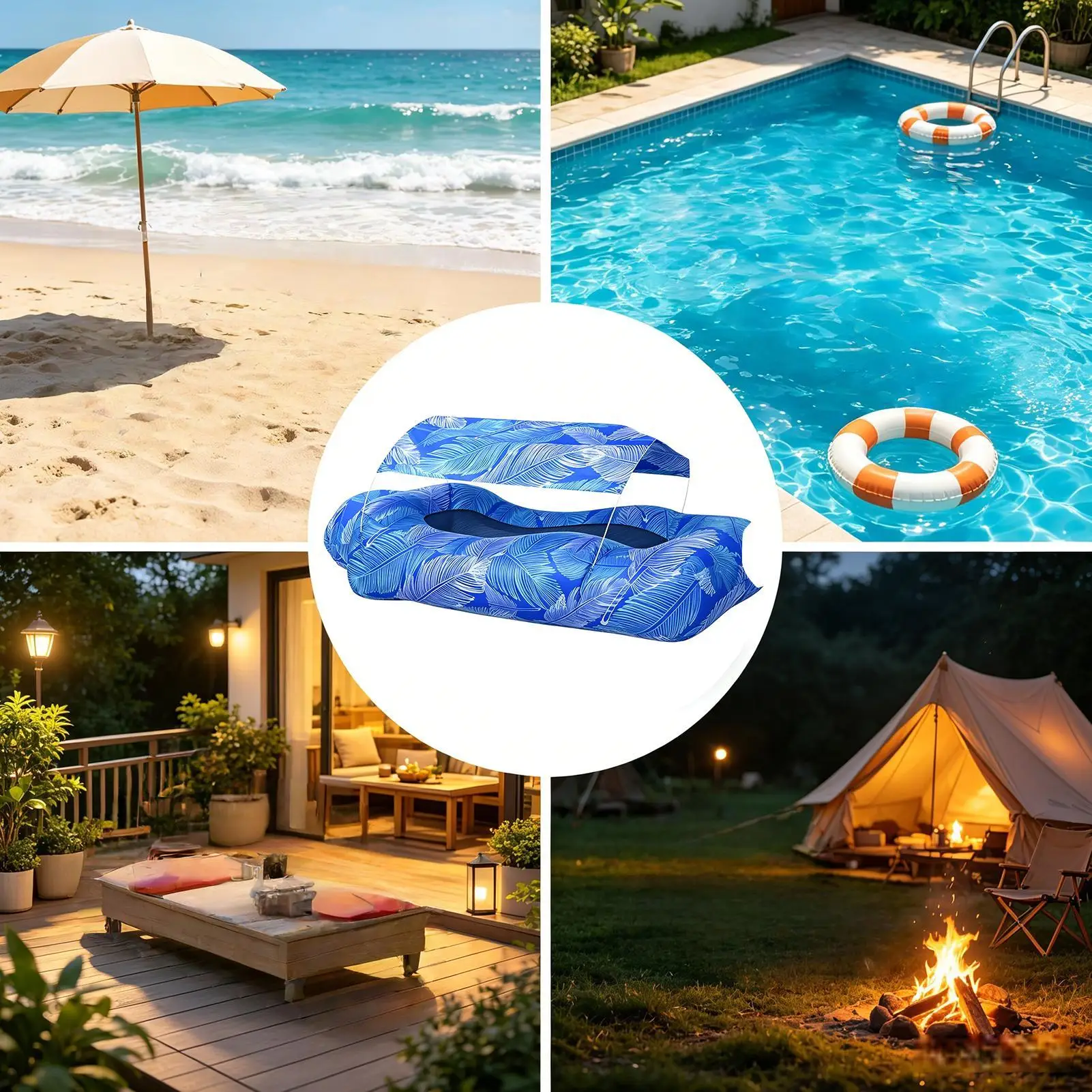 Inflatable Beach Lounger Camping Air Sofa With Sun Shade No-Pump Blow Up Couch For Outdoor Camping Hiking Picnic Vacation