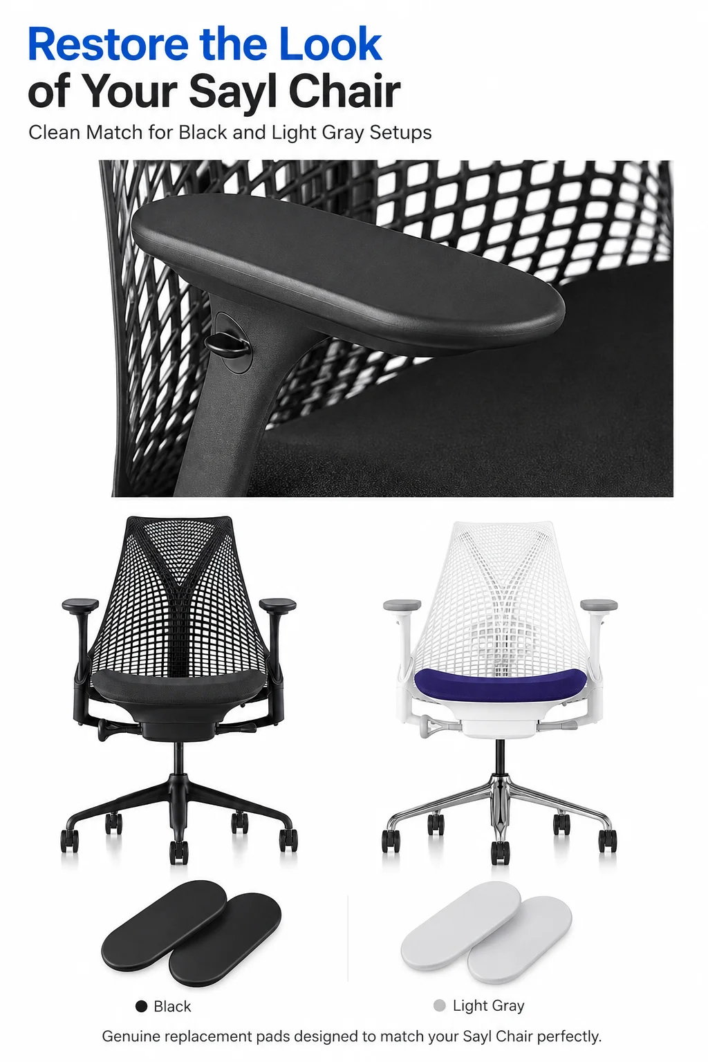 Herman Miller Sayl 4D Arm Pads Replacement Black/Light Gray 1 Pair Office Chair Armrest Pad Caps Repair Parts