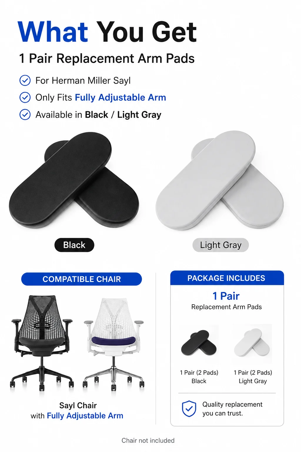 Herman Miller Sayl 4D Arm Pads Replacement Black/Light Gray 1 Pair Office Chair Armrest Pad Caps Repair Parts