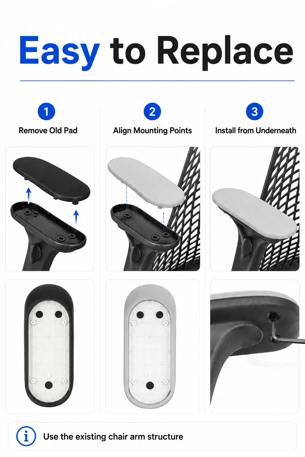 Herman Miller Sayl 4D Arm Pads Replacement Black/Light Gray 1 Pair Office Chair Armrest Pad Caps Repair Parts