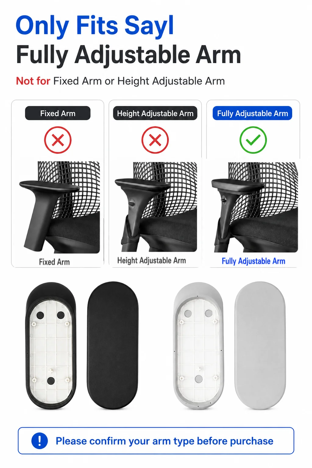 Herman Miller Sayl 4D Arm Pads Replacement Black/Light Gray 1 Pair Office Chair Armrest Pad Caps Repair Parts