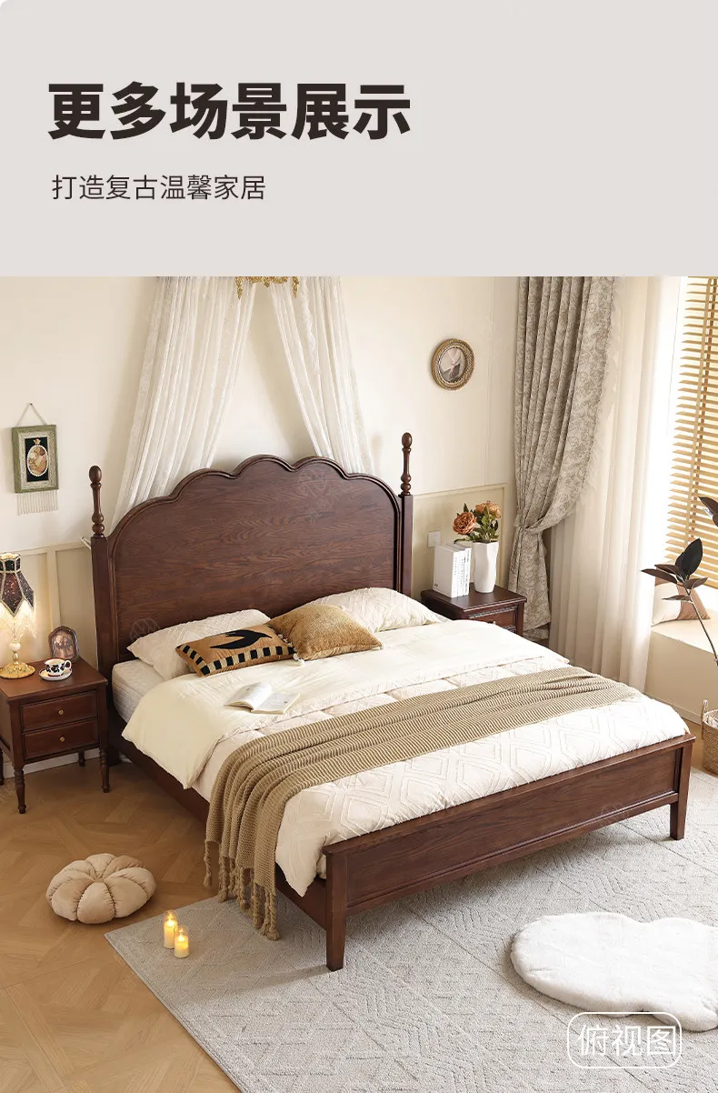 Any Size Custom French Vintage Mid Century Natural Solid Wood Storage Bed Eco Friendly Stain Resistant Master Bedroom Double Bed