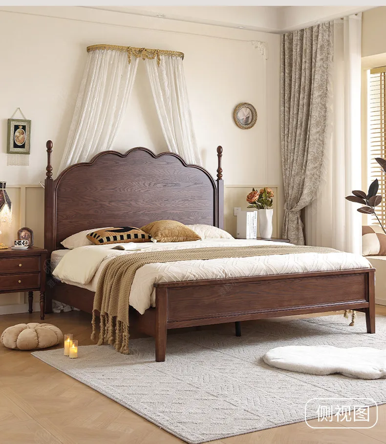 Any Size Custom French Vintage Mid Century Natural Solid Wood Storage Bed Eco Friendly Stain Resistant Master Bedroom Double Bed