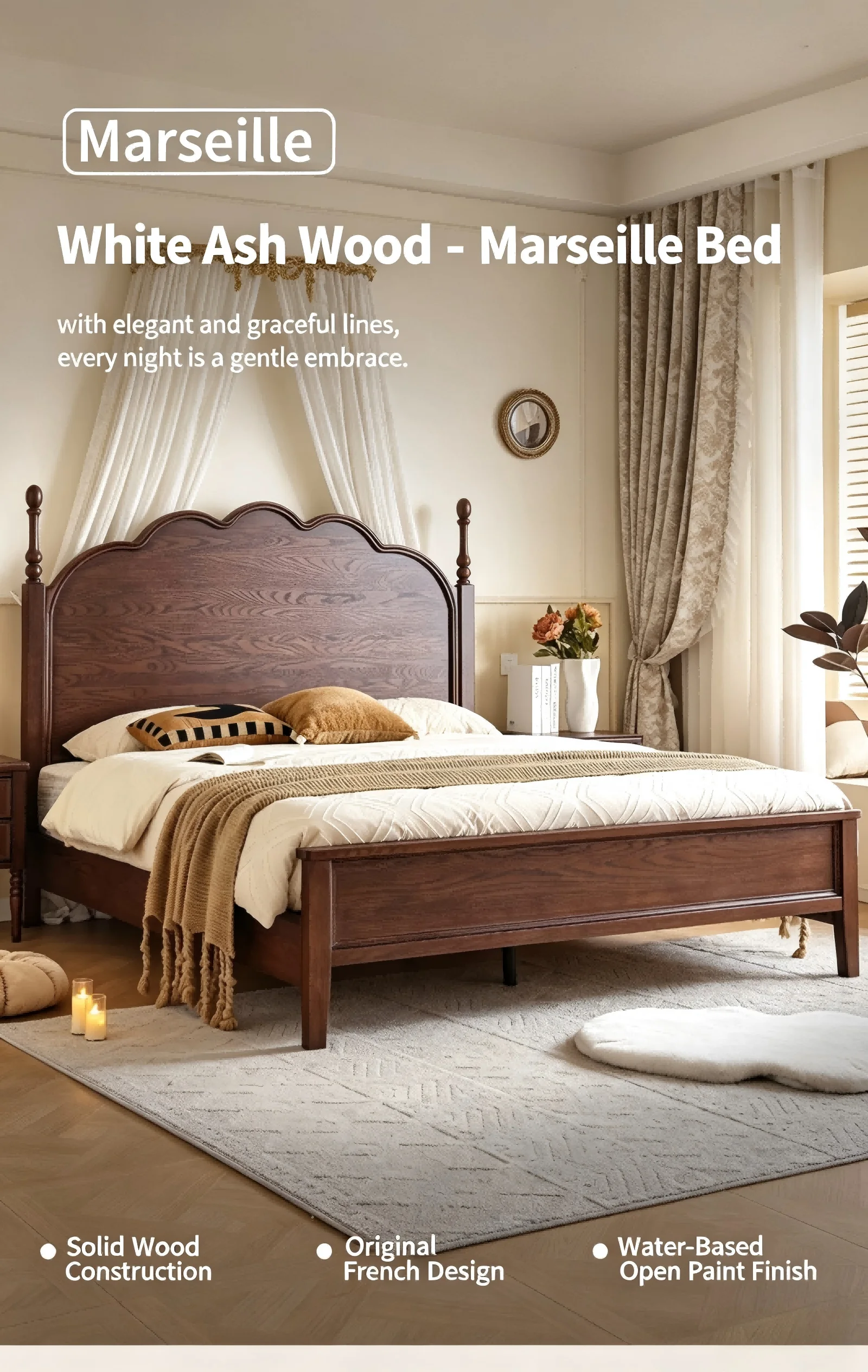 Any Size Custom French Vintage Mid Century Natural Solid Wood Storage Bed Eco Friendly Stain Resistant Master Bedroom Double Bed