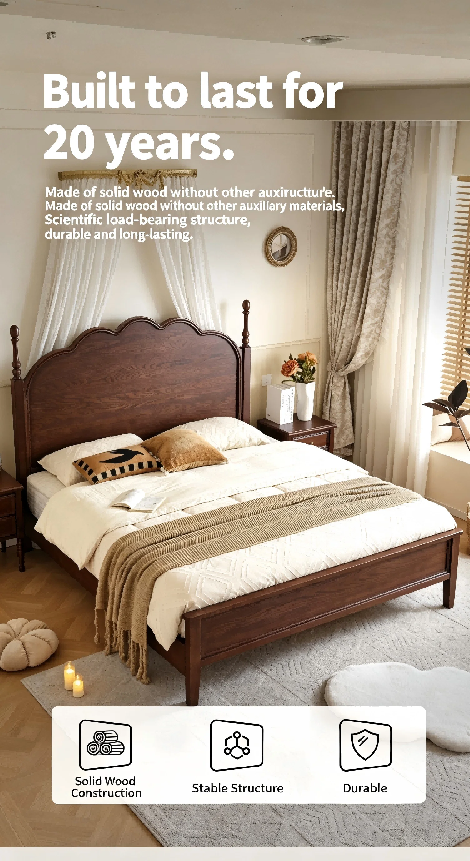 Any Size Custom French Vintage Mid Century Natural Solid Wood Storage Bed Eco Friendly Stain Resistant Master Bedroom Double Bed