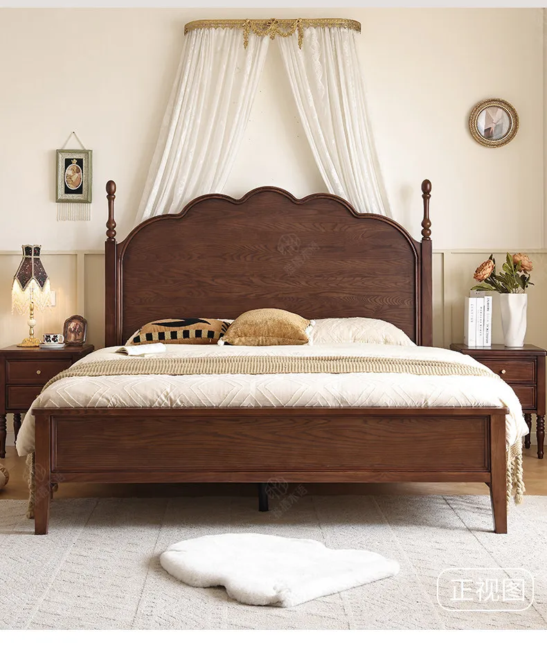 Any Size Custom French Vintage Mid Century Natural Solid Wood Storage Bed Eco Friendly Stain Resistant Master Bedroom Double Bed