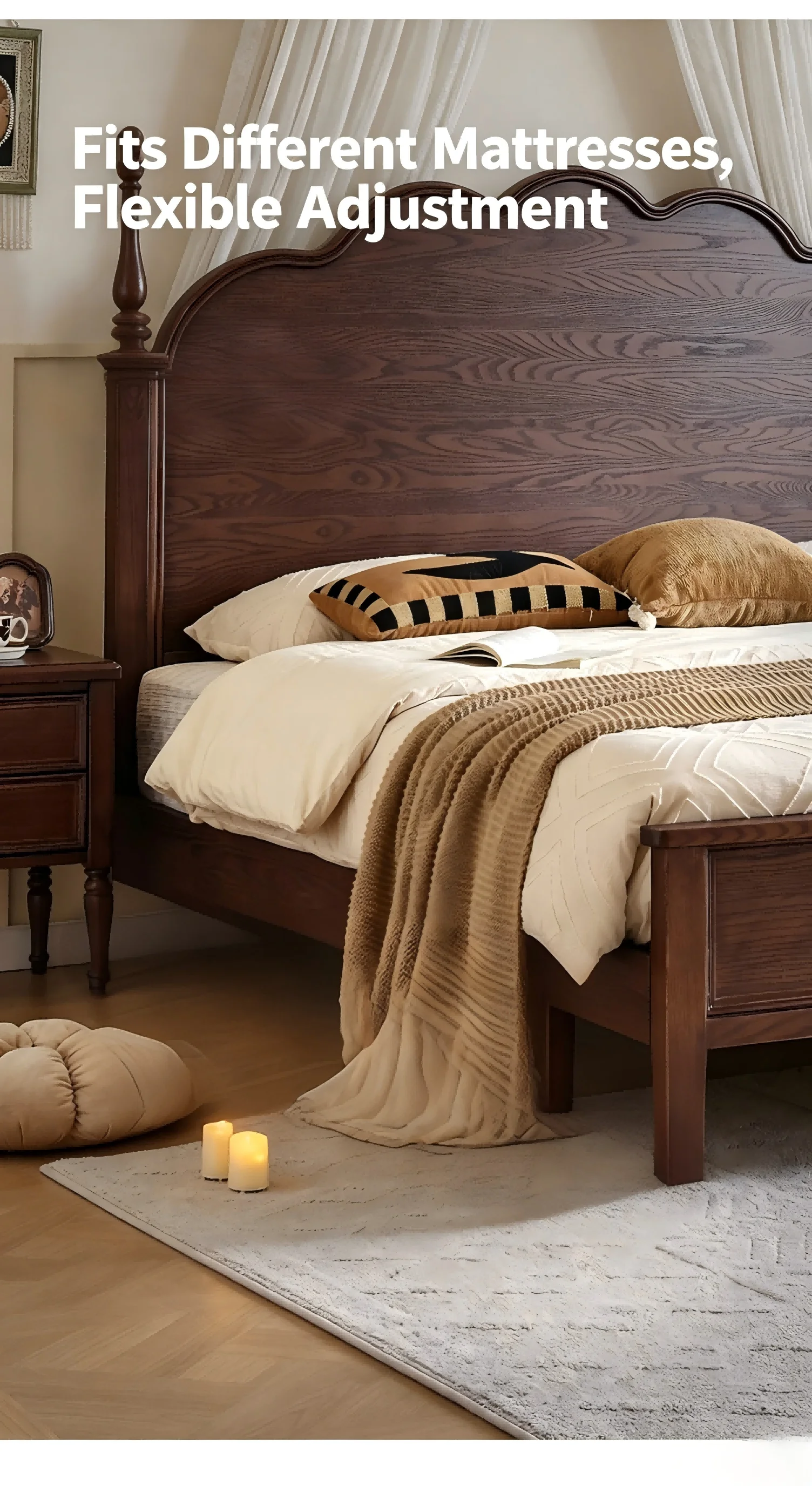 Any Size Custom French Vintage Mid Century Natural Solid Wood Storage Bed Eco Friendly Stain Resistant Master Bedroom Double Bed