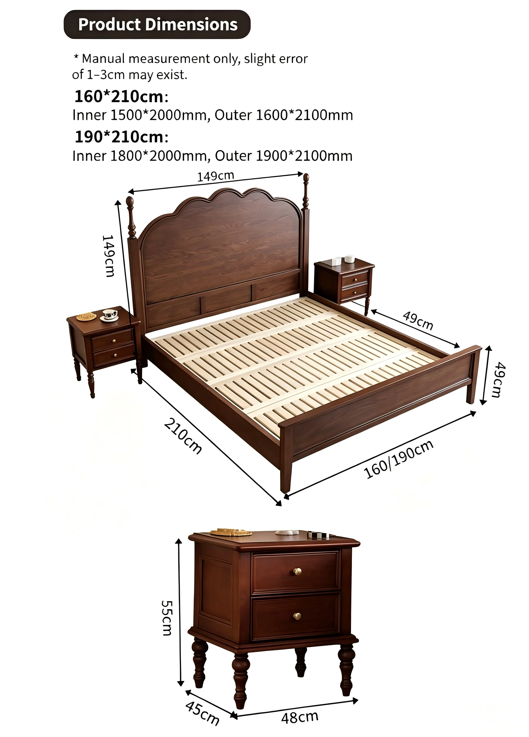 Any Size Custom French Vintage Mid Century Natural Solid Wood Storage Bed Eco Friendly Stain Resistant Master Bedroom Double Bed