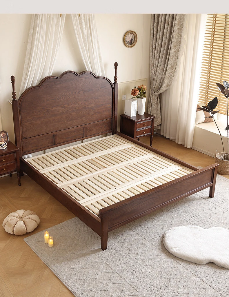 Any Size Custom French Vintage Mid Century Natural Solid Wood Storage Bed Eco Friendly Stain Resistant Master Bedroom Double Bed