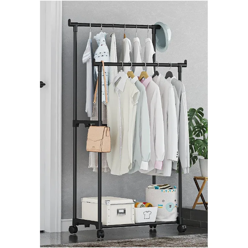 Plastic Floor Standing Clothes Rack with Wheels Double Single Rod Hat Shoe Storage Organizer Shelf Modern