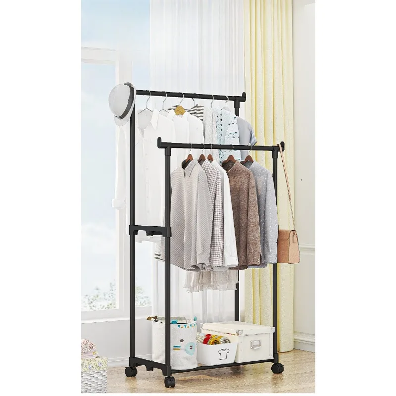 Plastic Floor Standing Clothes Rack with Wheels Double Single Rod Hat Shoe Storage Organizer Shelf Modern
