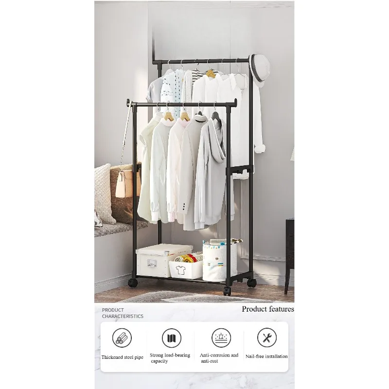 Plastic Floor Standing Clothes Rack with Wheels Double Single Rod Hat Shoe Storage Organizer Shelf Modern